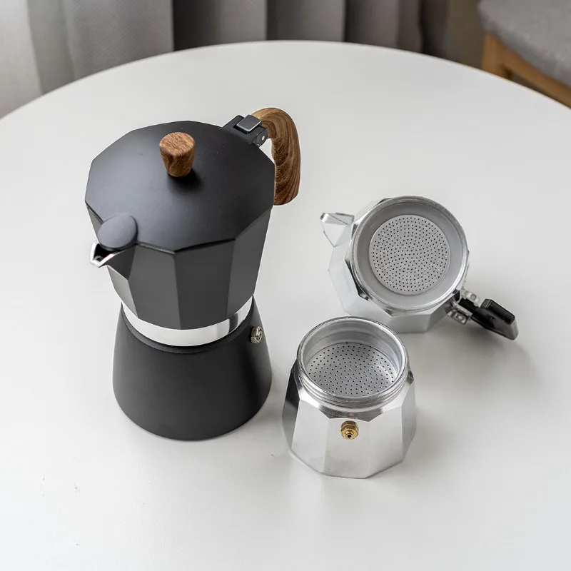JUSTINLAU Italienische Moka-Töpfe, Holzgriff, Aluminium, Espresso-Kaffeemaschine, Perkolator, Herdplatte, Topf, Barista-Werkzeuge, Café-Zubehör Image