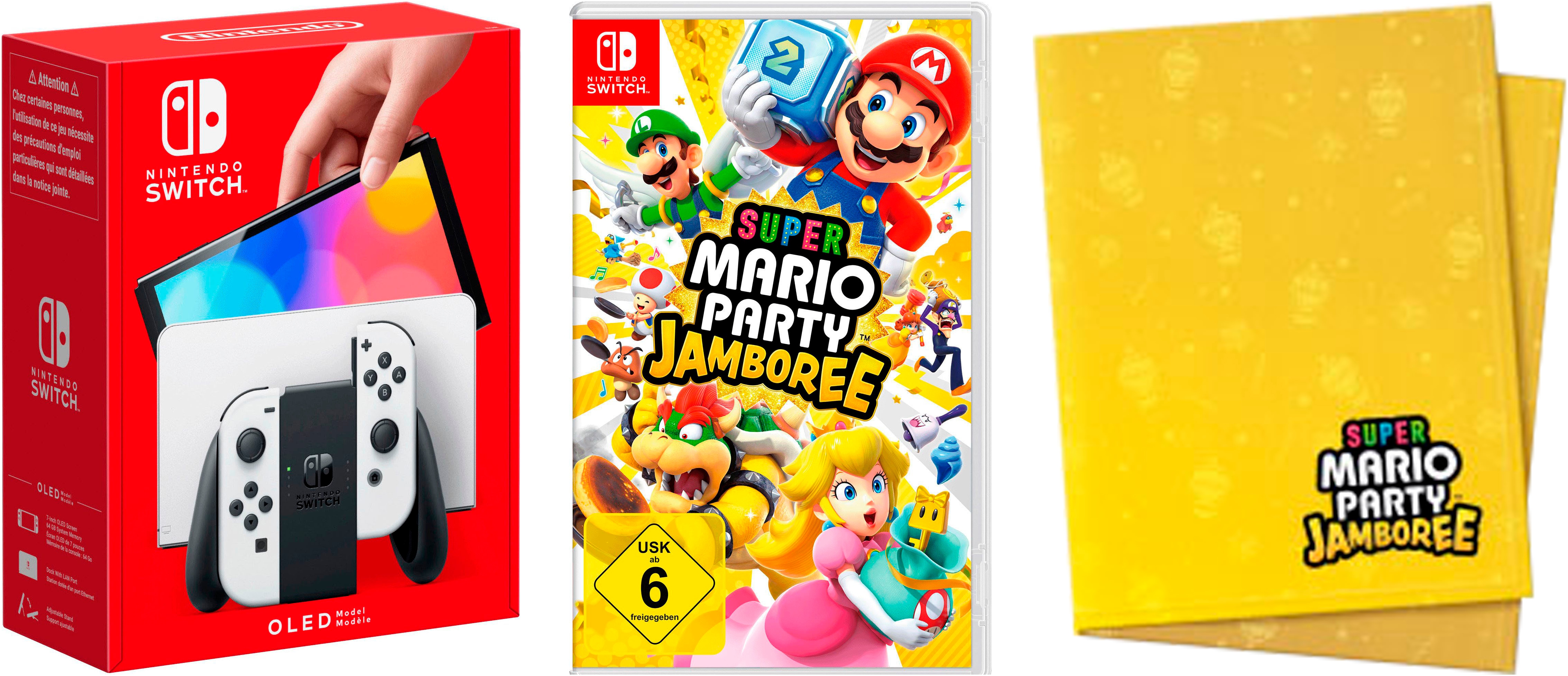 NINTENDO SWITCH Konsolen-Set "OLED weiß inkl. Mario Party Jamboree und exklusiver Nintendo Decke", weiß, B:24,2cm H:1,39cm T:10,2cm, Spielekonsolen