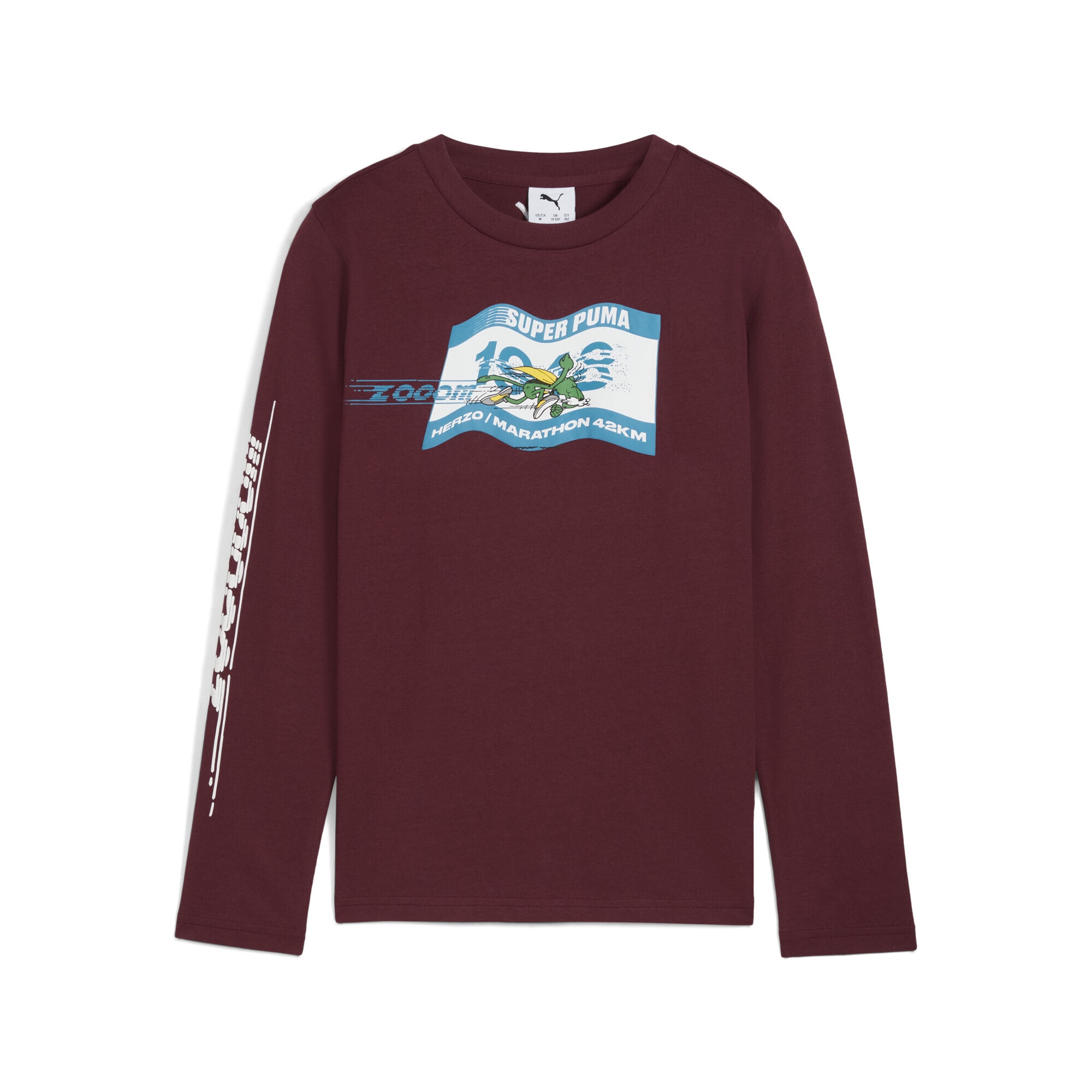 T-Shirt PUMA "Super PUMA Graphic Langarmshirt Jungen", Jungen, Gr. 140, rot (ruby shimmer rot), 100% Baumwolle, bedruckt, regular fit, Rundhals, Shirts T-Shirt