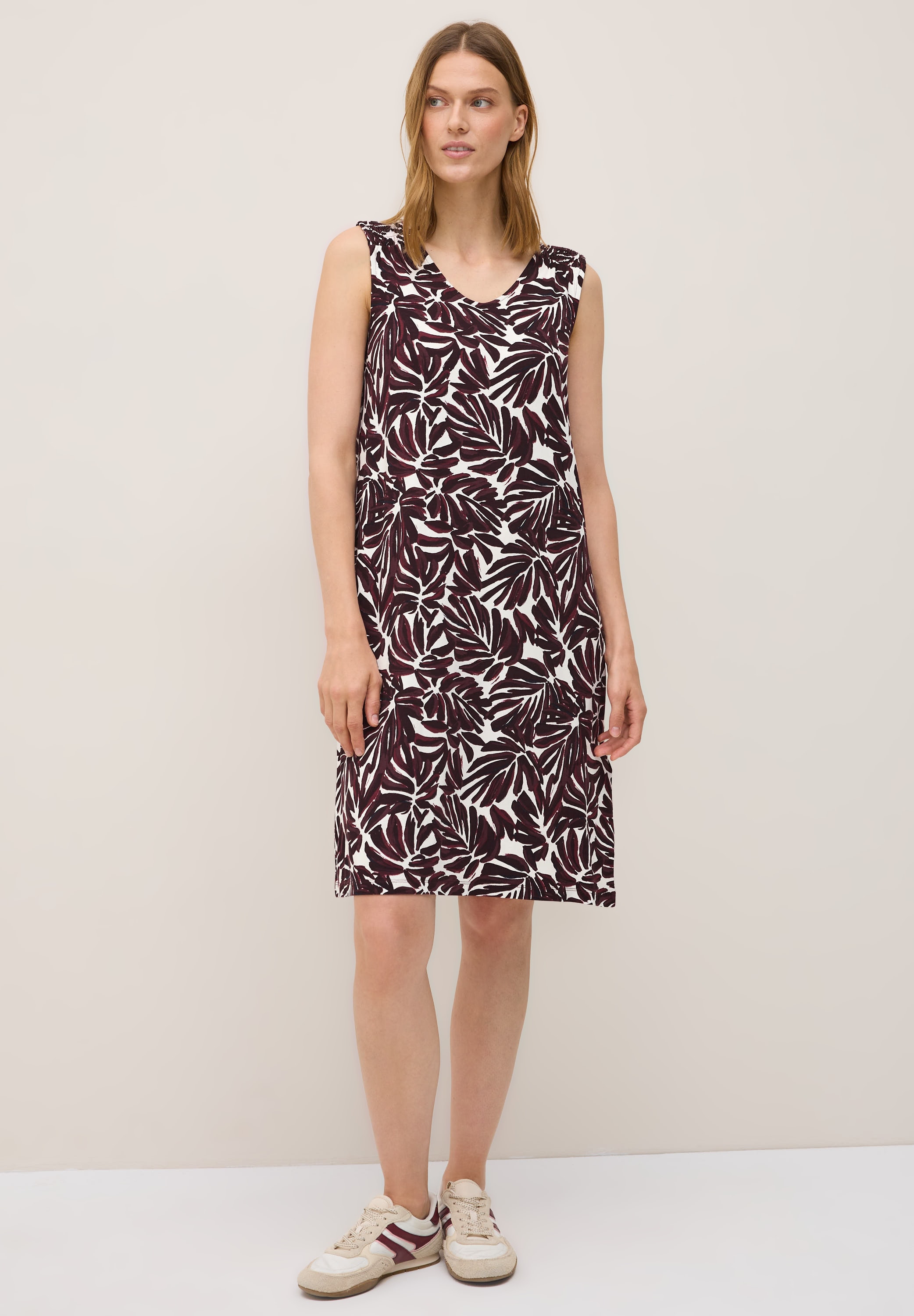 Jerseykleid CECIL, Damen, Gr. XXL (46), US-Größen, rot (mulberry rot), Stoff, 95% Viskose, 5% Elasthan, gemustert, normal knielang, V-Ausschnitt, abgesteppt, Kleider Jerseykleid, aus Viskose