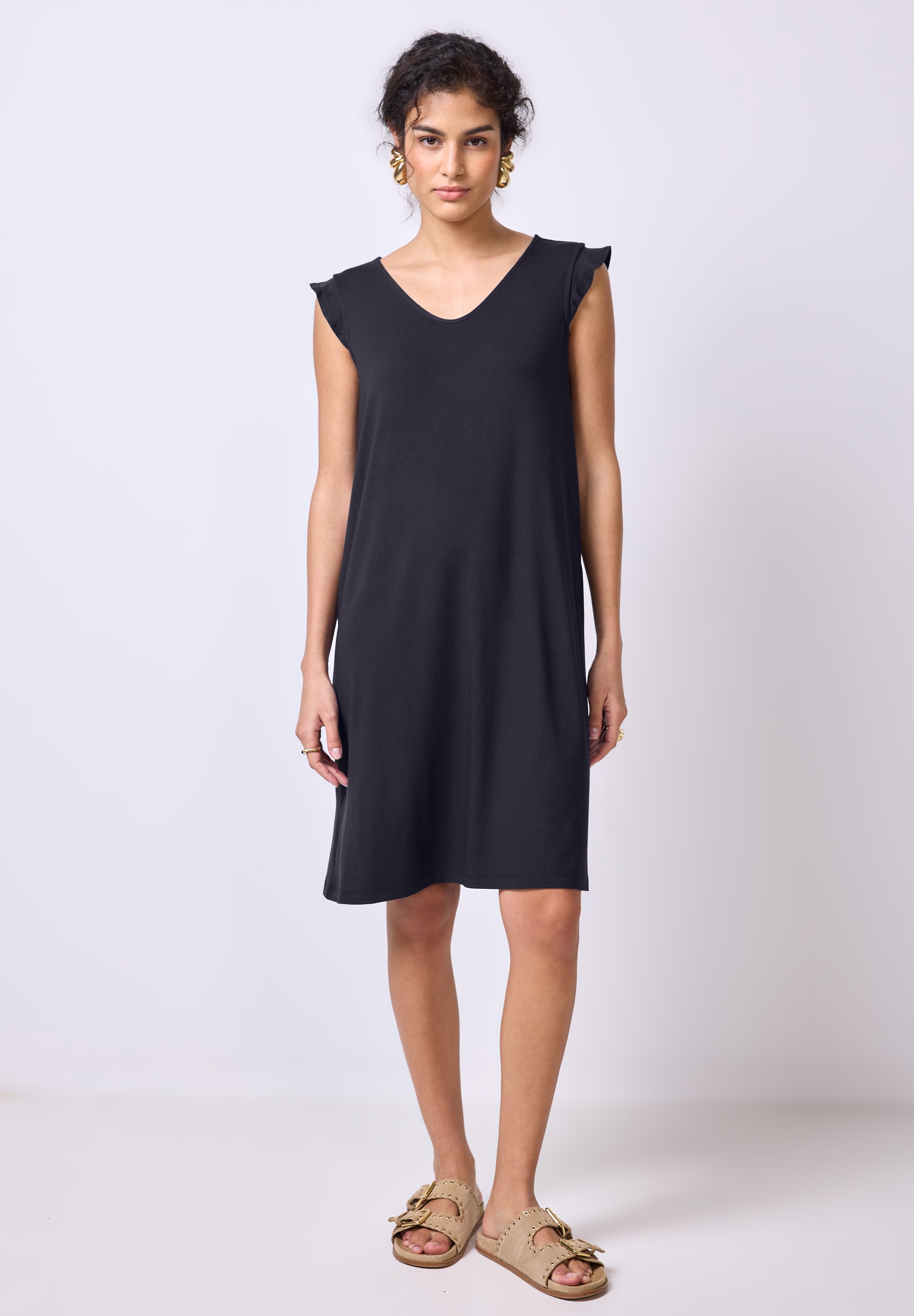 Jerseykleid STREET ONE STUDIO, Damen, Gr. 42, EURO-Größen, blau (schwarz void blau), Jersey, 95% Viskose, 5% Elasthan, unifarben, regular fit knieumspielend, V-Ausschnitt, Rüschen, Kleider Jerseykleid, knielang