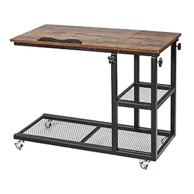 COSTWAY Beistelltisch aus Holz, höhenverstellbar und neigbar, Sofatisch, C-Form, 3 Stufen, Laptoptisch mit Rollen Image