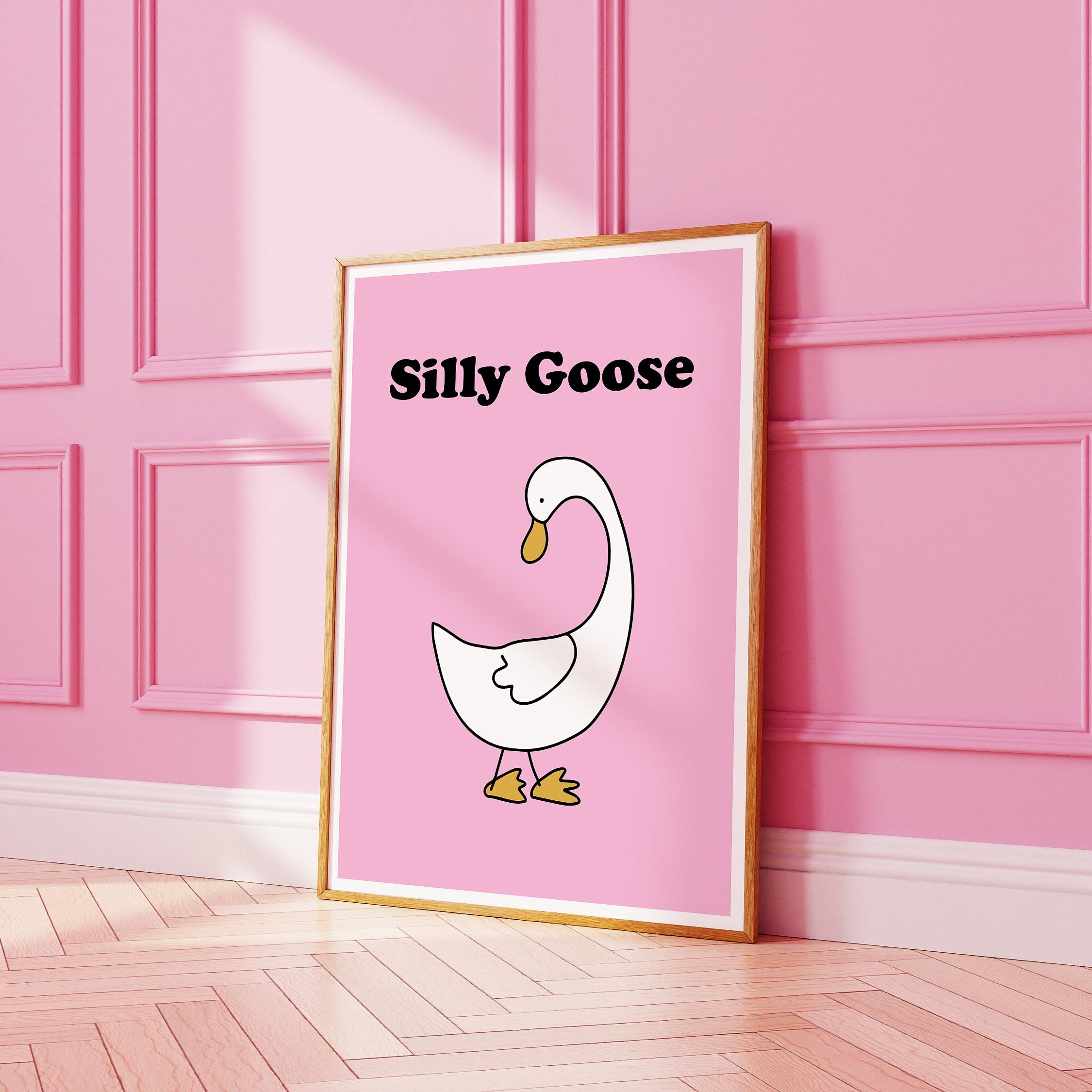 Stampa di oca sciocca, arte da parete minimalista, illustrazione di animali simpatico cartone animato per ufficio domestico, bagno, cucina e camera da