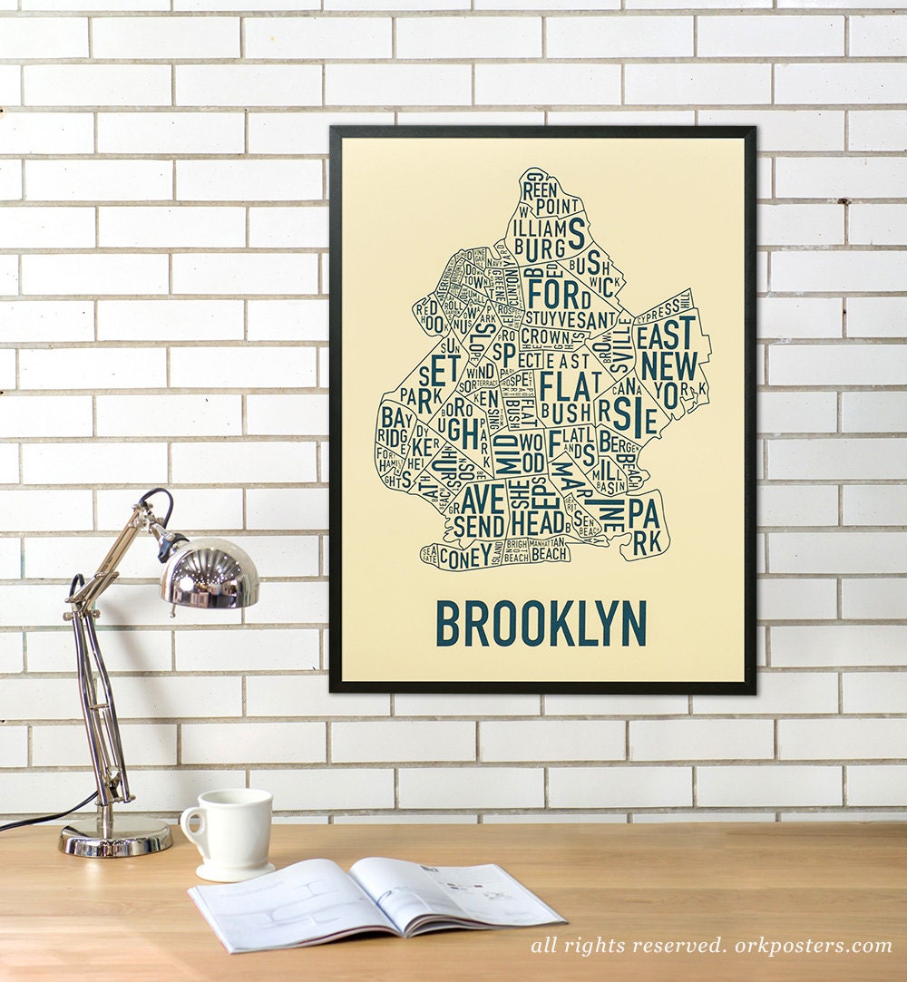Poster con mappa del quartiere di Brooklyn, design originale della mappa tipografica della città di Brooklyn, New York, opera d'arte della mappa tipog