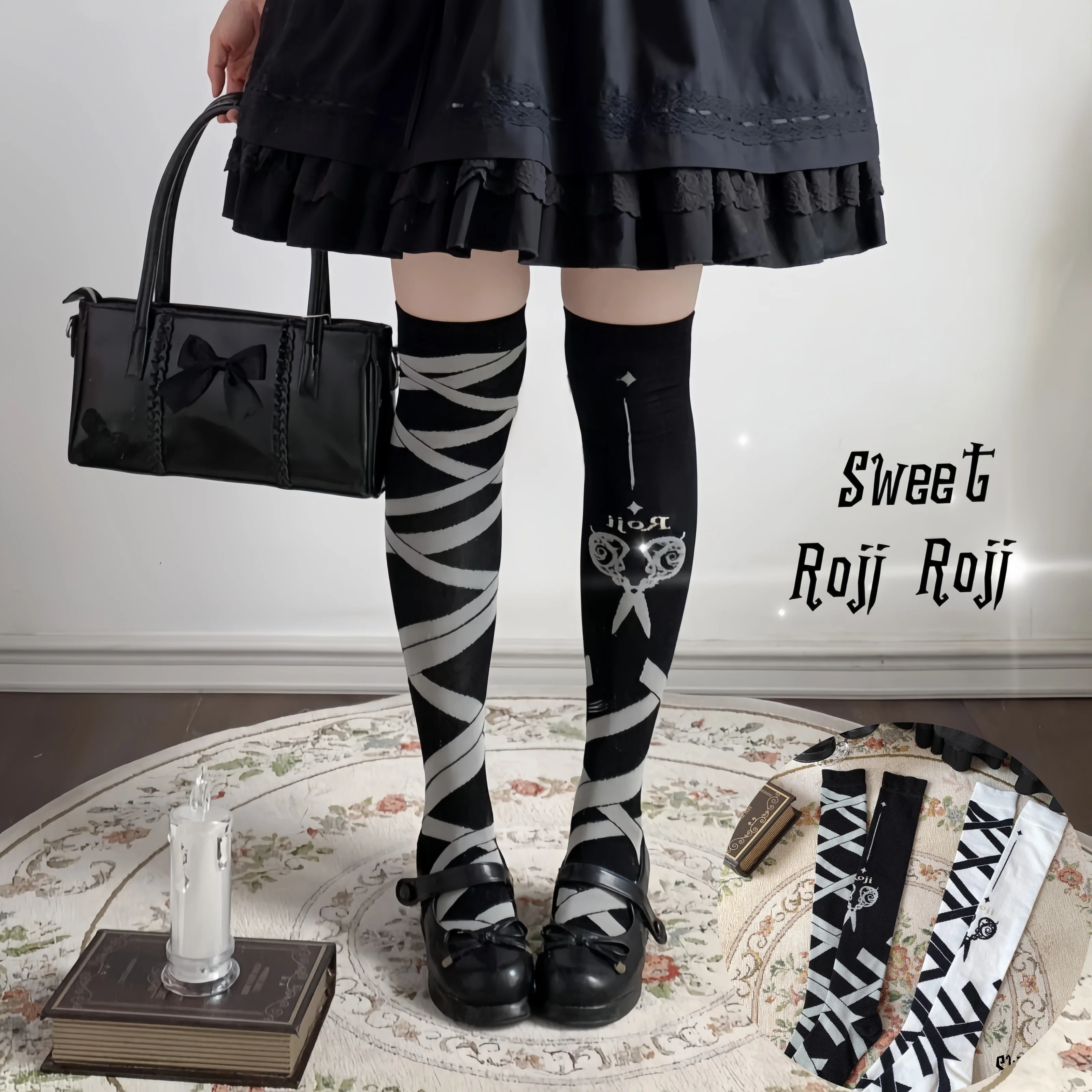 Japanische Schere Lolita Overknee-Socken Damen Herbst & Winter Baumwolle Spitze Schleife Socken JK Dark Gothic Stripe Slim Leg Socken Image