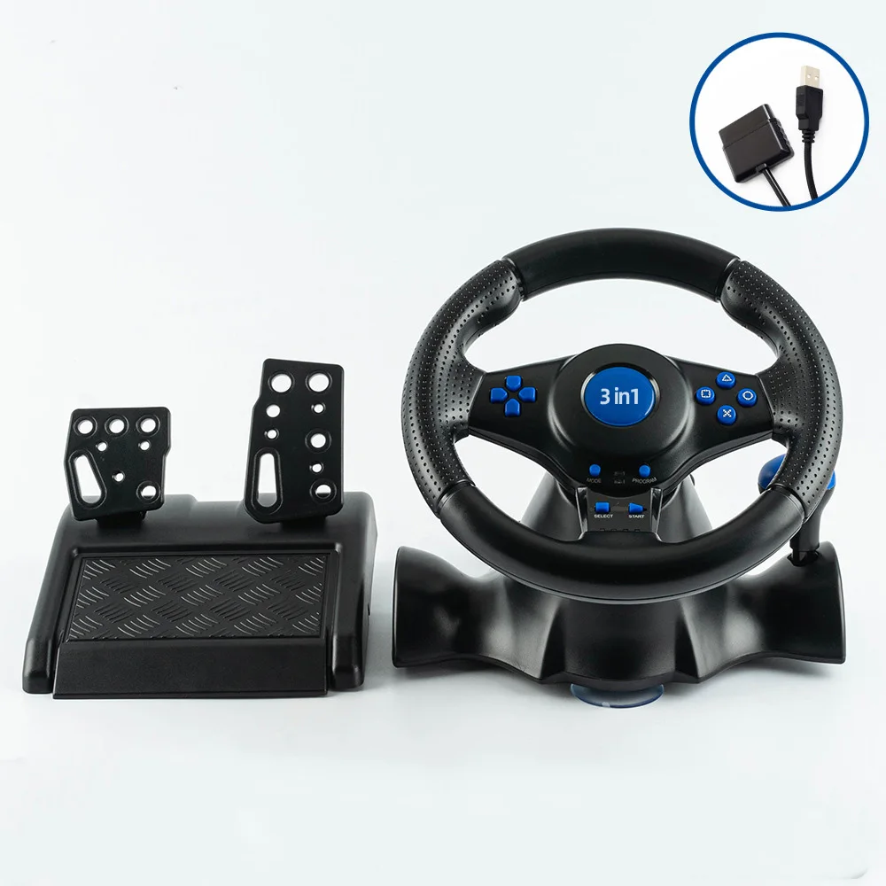 4-in-1 Kabelgebundenes Lenkrad mit Pedalen und Schalthebel, eingebaute Doppelmotoren, 180-Grad-Rennlenkrad für PS3, PS2 & PC