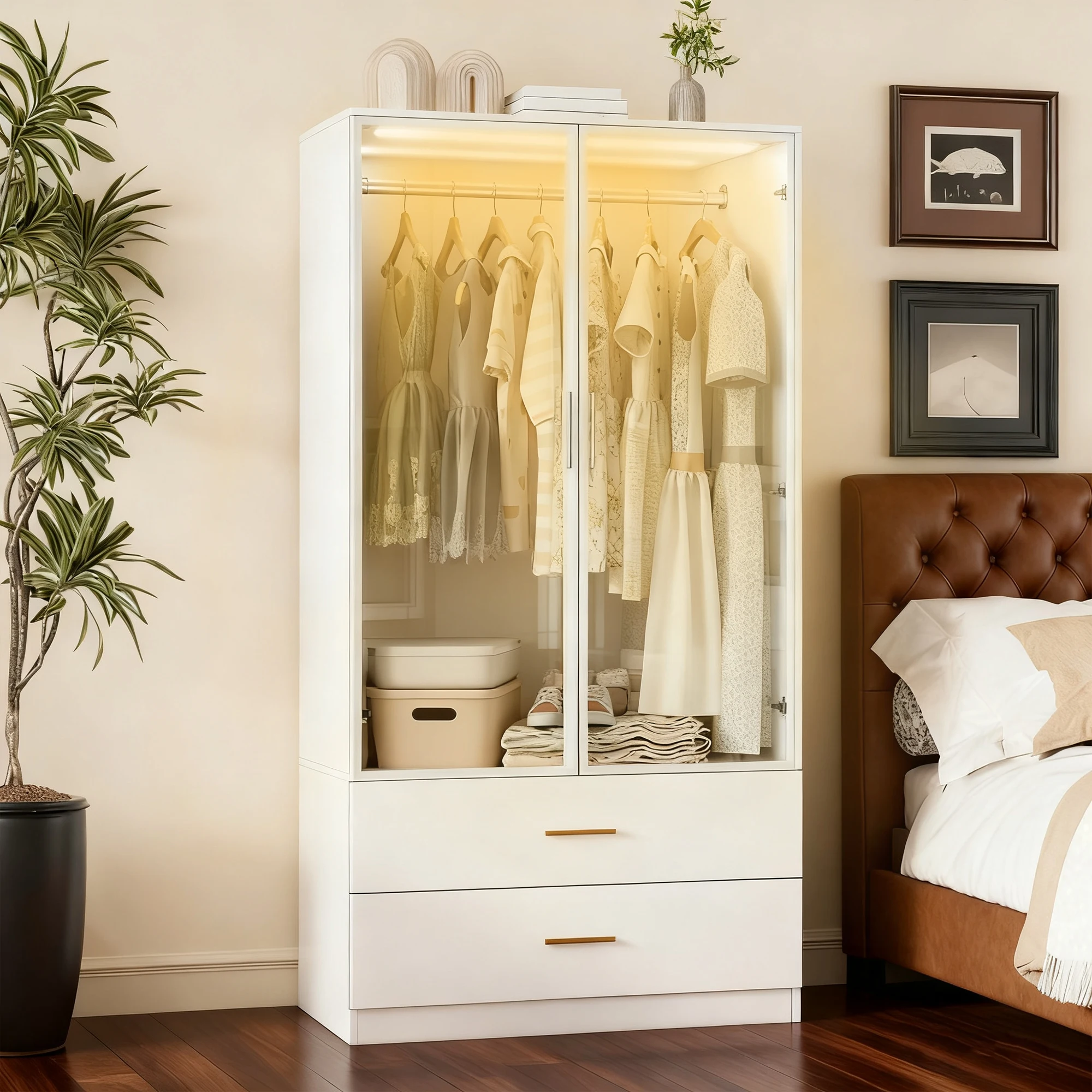 2-türige Kleiderschränke, Schrank mit Kleiderschrank, tragbarer weißer Schrank, Schlafzimmerschrank für Schlafzimmer