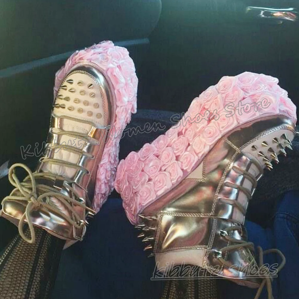 Blumen Heels Nieten Stiefeletten Plattform Runde Kappe Lace-Up Leder Punk Rock Gothic Mode Luxus Sexy Prägnante Frauen schuhe Neue