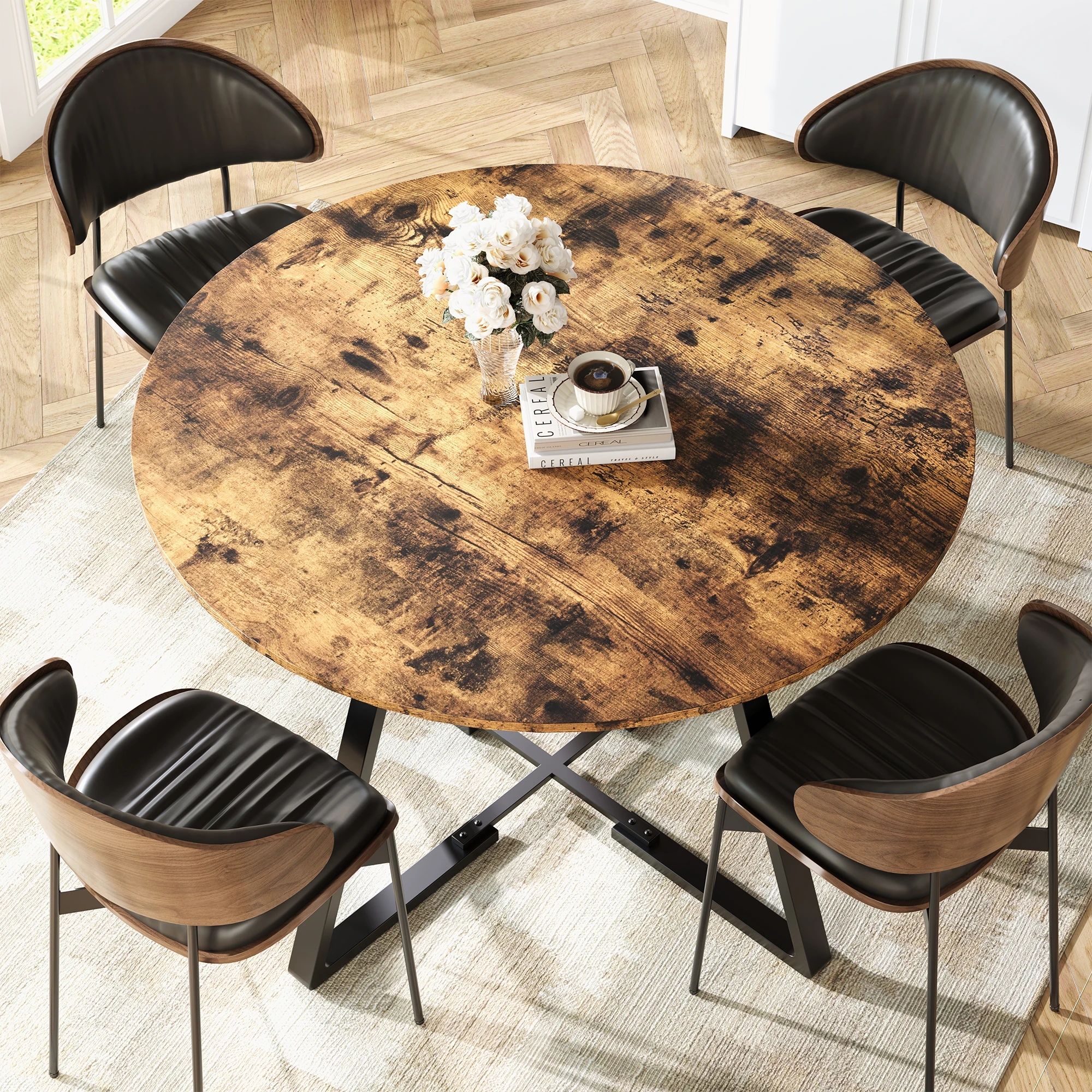 120 cm runder Esstisch für 4 bis 6 Personen, Holz-Küchentisch mit Metallgestell und offenem Ablagefach, Esstisch fürs Esszimmer