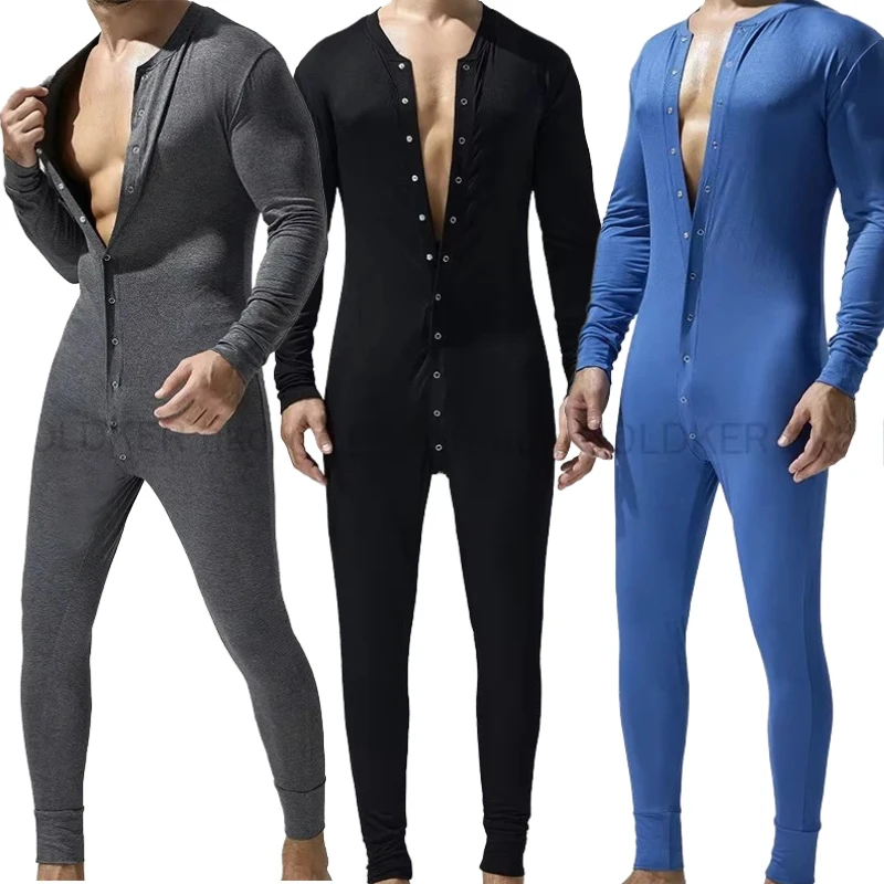 TAUWELL Herren-Einteiler-Body mit langen Ärmeln, Knopfleiste vorne, eng anliegender Pyjama, Loungewear für Herren, Pyjama-Overalls Image