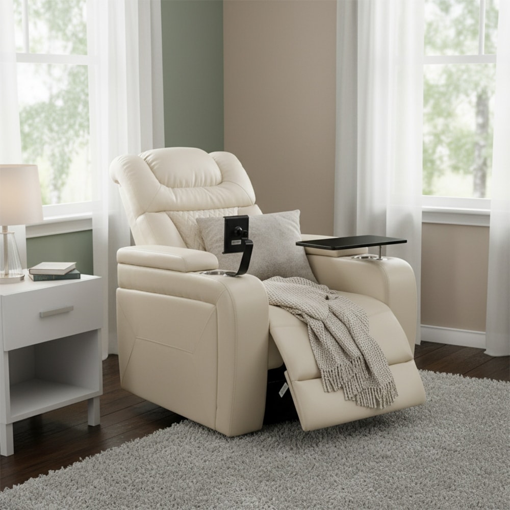 Modern Power Swivel PU Leather Recliner with Phone Holder, Integrated Tray Table, Cup Holders, Storage Armrests, and USB Port