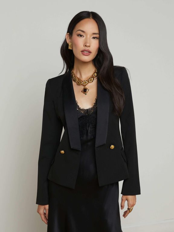 Imogen Satin Lapel Blazer - Black - L'Agence Jackets