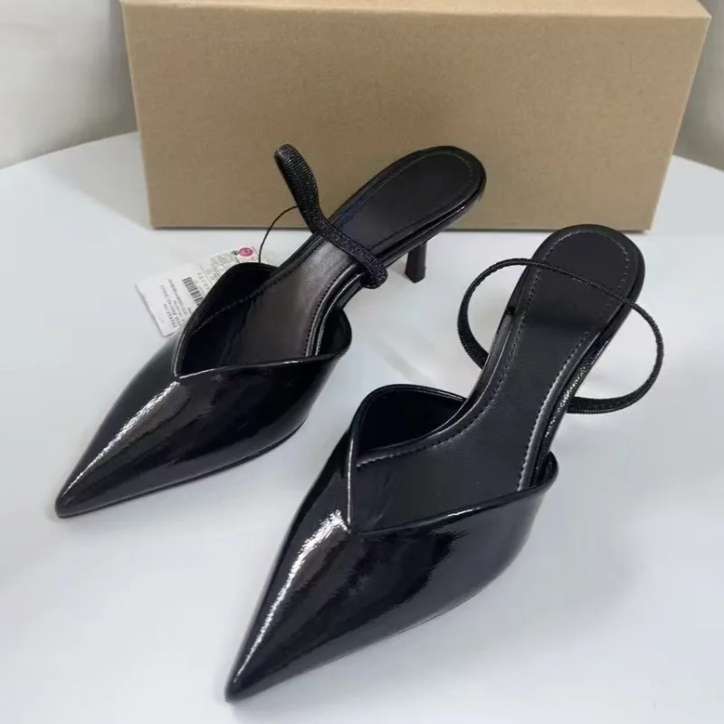 Elegant Patent Leather High Heels Mules Shoes for Ladies Pointed Toe Evening Party Slingbacks 2025 Summer Office Women Sandals