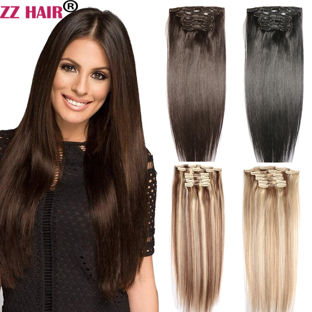 ZZHAIR Clips in 100 % Echthaarverlängerungen, 40,6–61 cm, maschinell hergestelltes Remy-Haar, 6-teiliges Set, 100–120 g, voller Kopf, glatt, natürlich Image