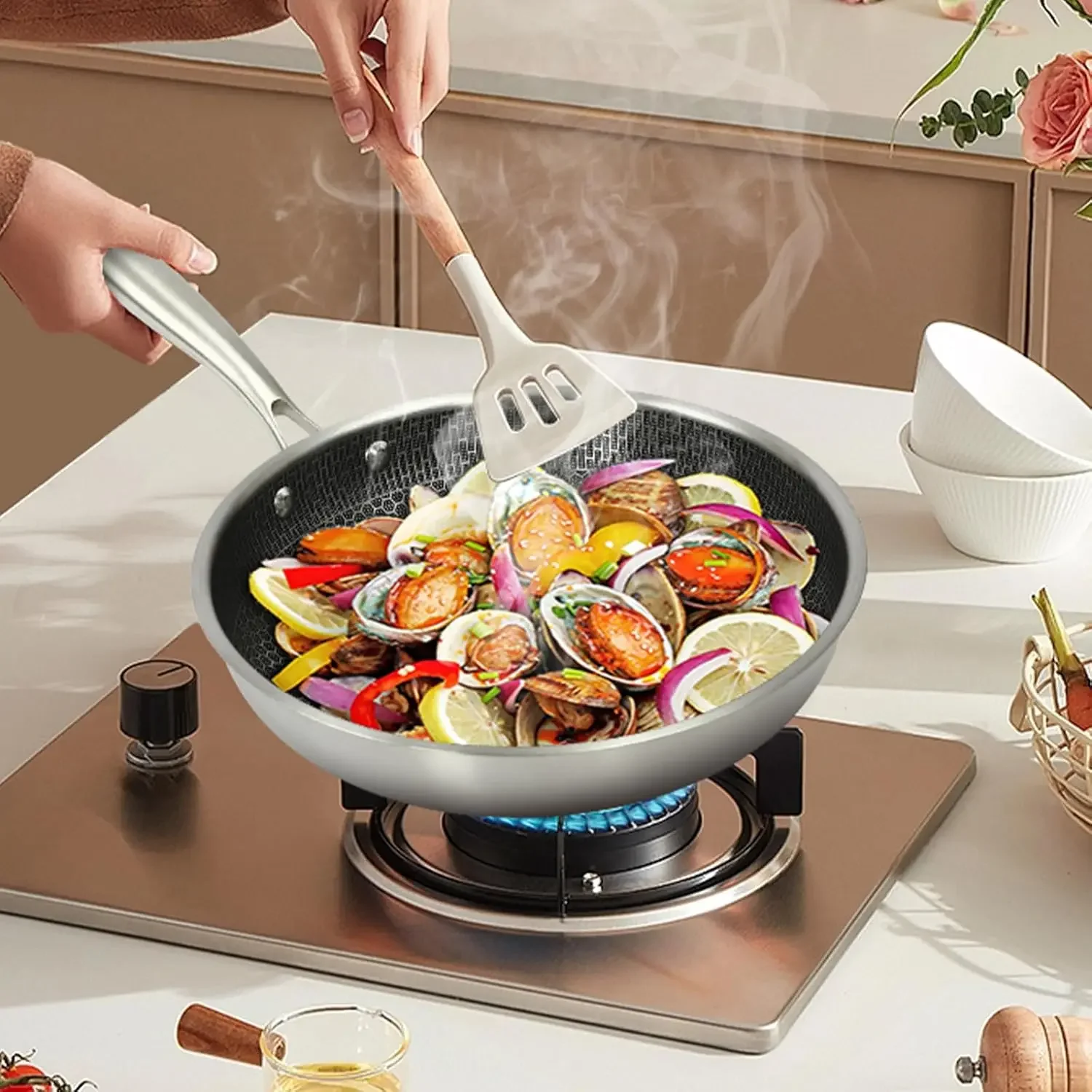 Antihaftbeschichteter Edelstahl-Wok mit kratzfester Beschichtung, Bratpfanne für Steak, chinesischer Wok (32 cm) Image