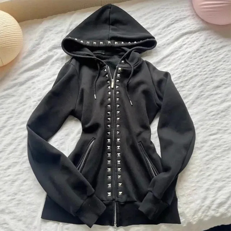 Y2K New Emo Fashion Rivet Zipper Hoodie Women Harajuku Black Oversized Hoodie Gothic Retro Classic Sweatshirt Winter Clothing