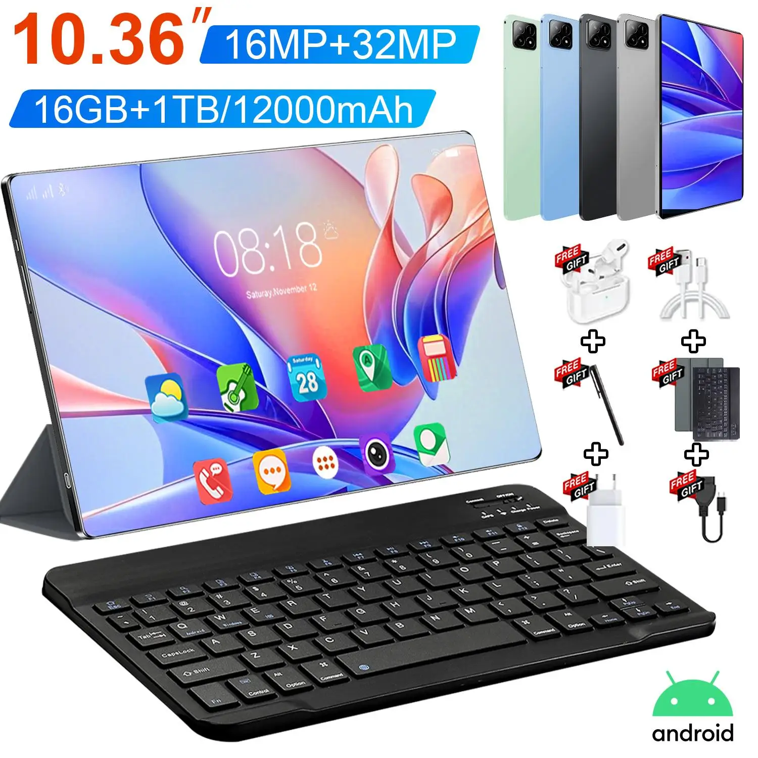 5G Grande schermo HD Tablet da 10.36 pollici Android 16GB RAM 1TB ROM 12000mAh Android 13.0 10 Core Tablet PC Tipo-C Doppia fotocamera 16MP+32MP Dual SIM card Rete WIFI Bluetooth GPS WPS Regali per
