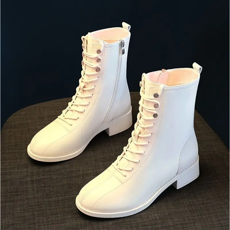 Mittlerer Absatz, Schnürung, runde Zehen, halbhohe Damenstiefel, Herbst-Winter, mit Fleece gefüttert, Trend 2025, Y2k, Gothic, heiße Damen-Schuhe mit mittlerer Wade