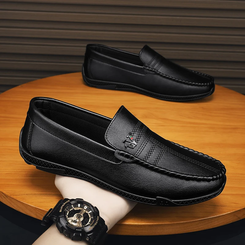 Neue Weiß Schwarz Leder Männer Casual Schuhe Luxus Marke Formale Kleid Schuhe Designer Männer Müßiggänger Atmungsaktive Slip auf Fahren Schuhe Image