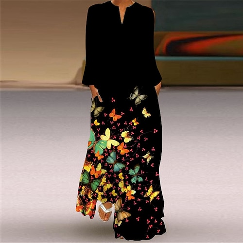 Per donna Abito Lungo Maxi Abito Abito Floreale Abito Stampato Moderno Quotidiano Uscire Weekend Vestibilità regolare Floreale Manica Lunga Scollo a V Blu Nero Rosso Verde Primavera Autunno