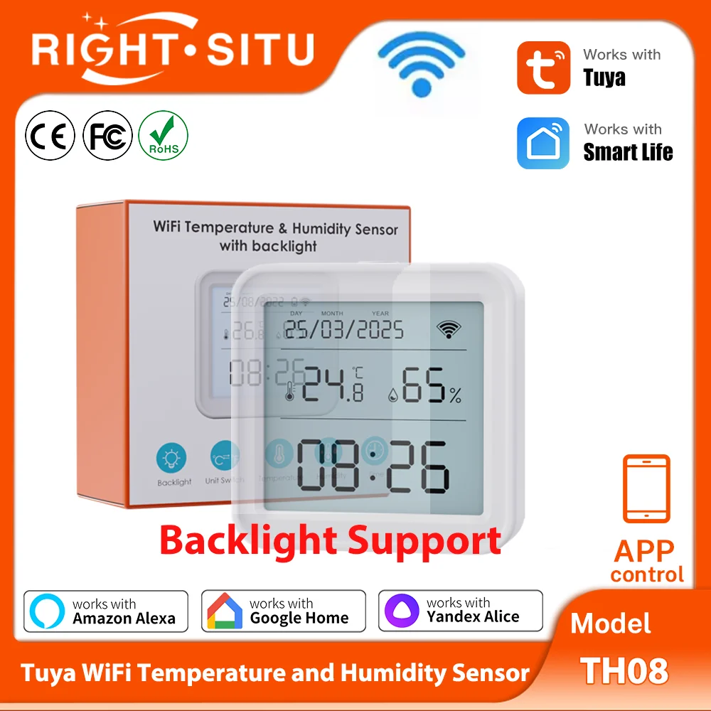 Tuya Temperatur- und Feuchtigkeitssensor WiFi mit Hintergrundbeleuchtung unterstützt Hygrometer-Thermometer funktioniert mit Yandex Alexa Image