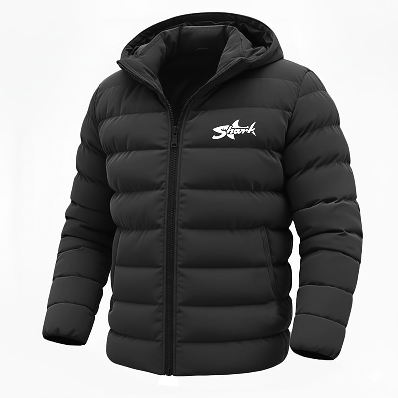 Men's Shark Letter Printed Winter Coat Down Jacket Puffer Jacket Thermal Warm Rain Waterproof Lightweight Casual Outdoor Daily Padded Quilted Hooded Jacket Fall Winter Long Sleeve Black Red Royal Blue