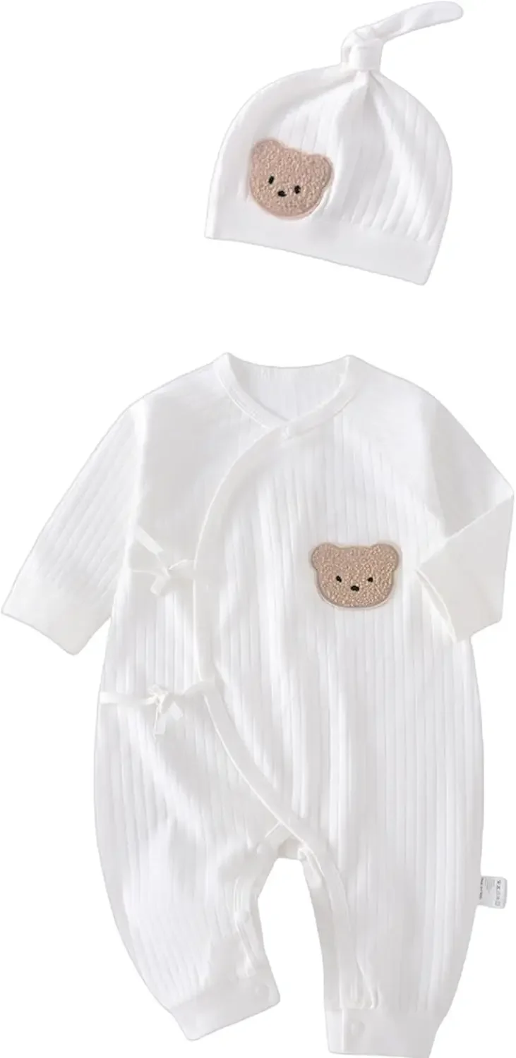 Somenie Baby-Set aus geripptem Strampler und Mütze mit Bärenapplikation, Baby-Body aus 100 % Baumwolle, weiß, langärmlig Image