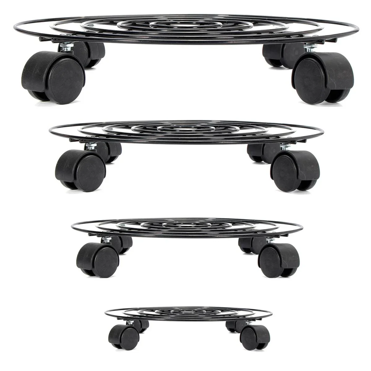 Schwarzes, rundes Blumentopf-Tablett aus Metall in 4 Größen, 4 Räder, schwerer Pflanzgefäß, Blumen-Topf-Mover, Trolley-Plattenständer, Halter, Gartengeräte Image