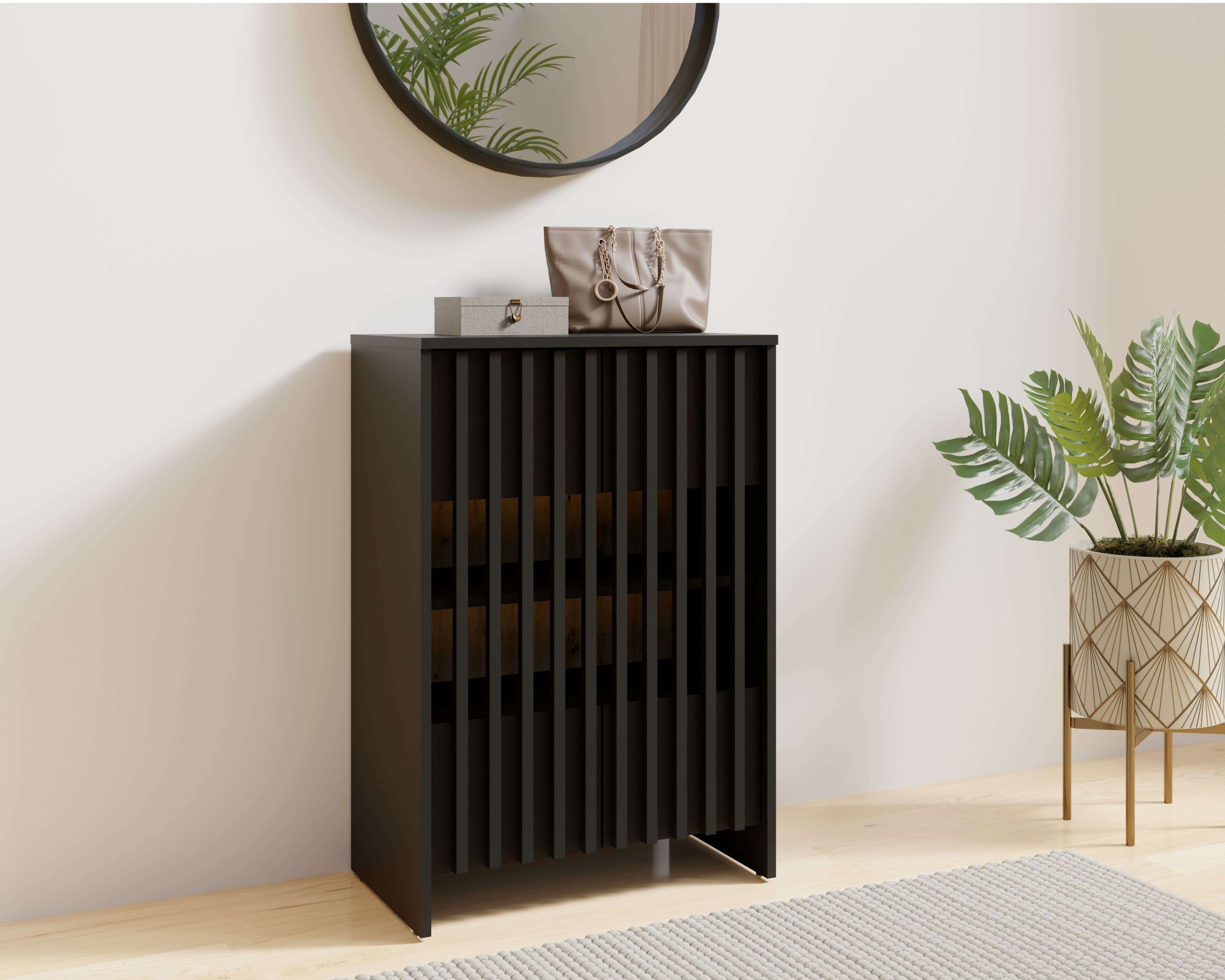 Schuhschrank HOME AFFAIRE "MURET Schuhregal mit vier Fächer und zwei Türen, Lamellenfronten", schwarz, B:60cm H:87cm T:35,4cm, Melamin, Schränke, Schuhschrank