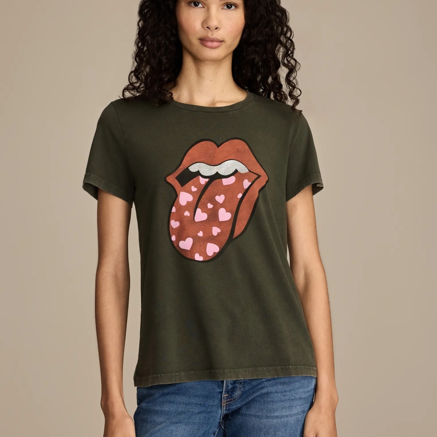 Lucky Brand Rolling Stones Heart Lip Classic Crew in Peat, Size 2XL