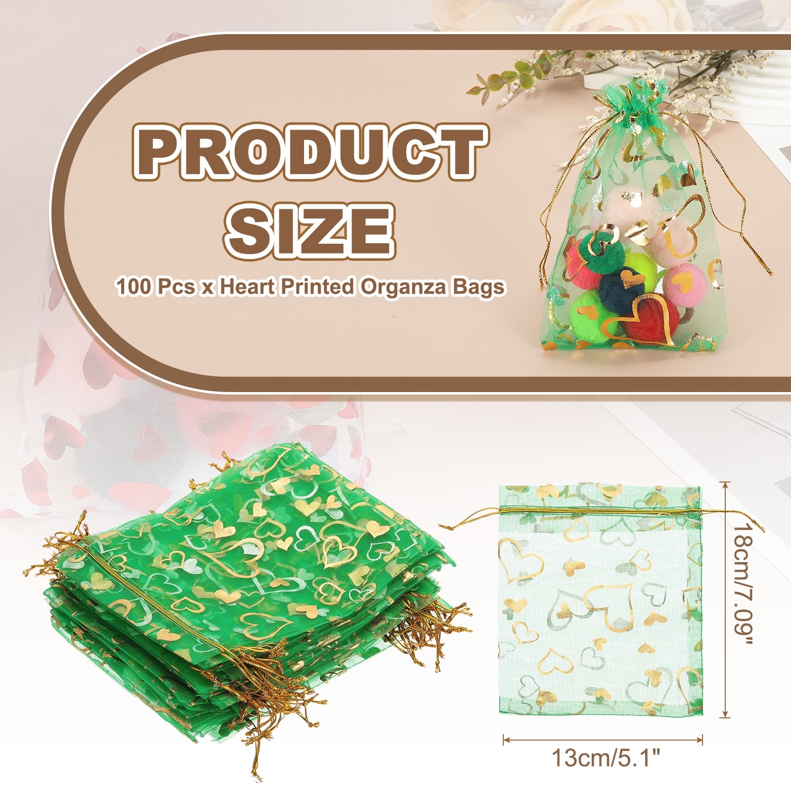 Heart Printed Organza Bags, Sheer Heart Organza Bags with Drawstring for Christmas Candy Jewelry Party Wedding Favor Gift