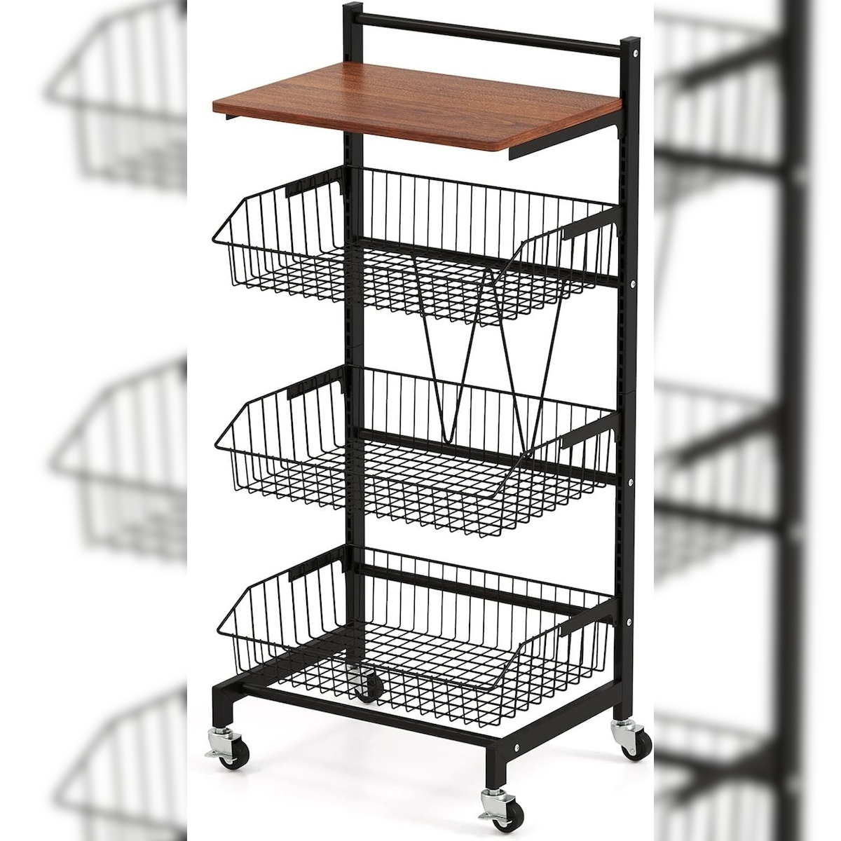 COSTWAY Servierwagen mit Rädern, Gemüseständer mit ausziehbaren Körben & Holzplatte, höhenverstellbar Image
