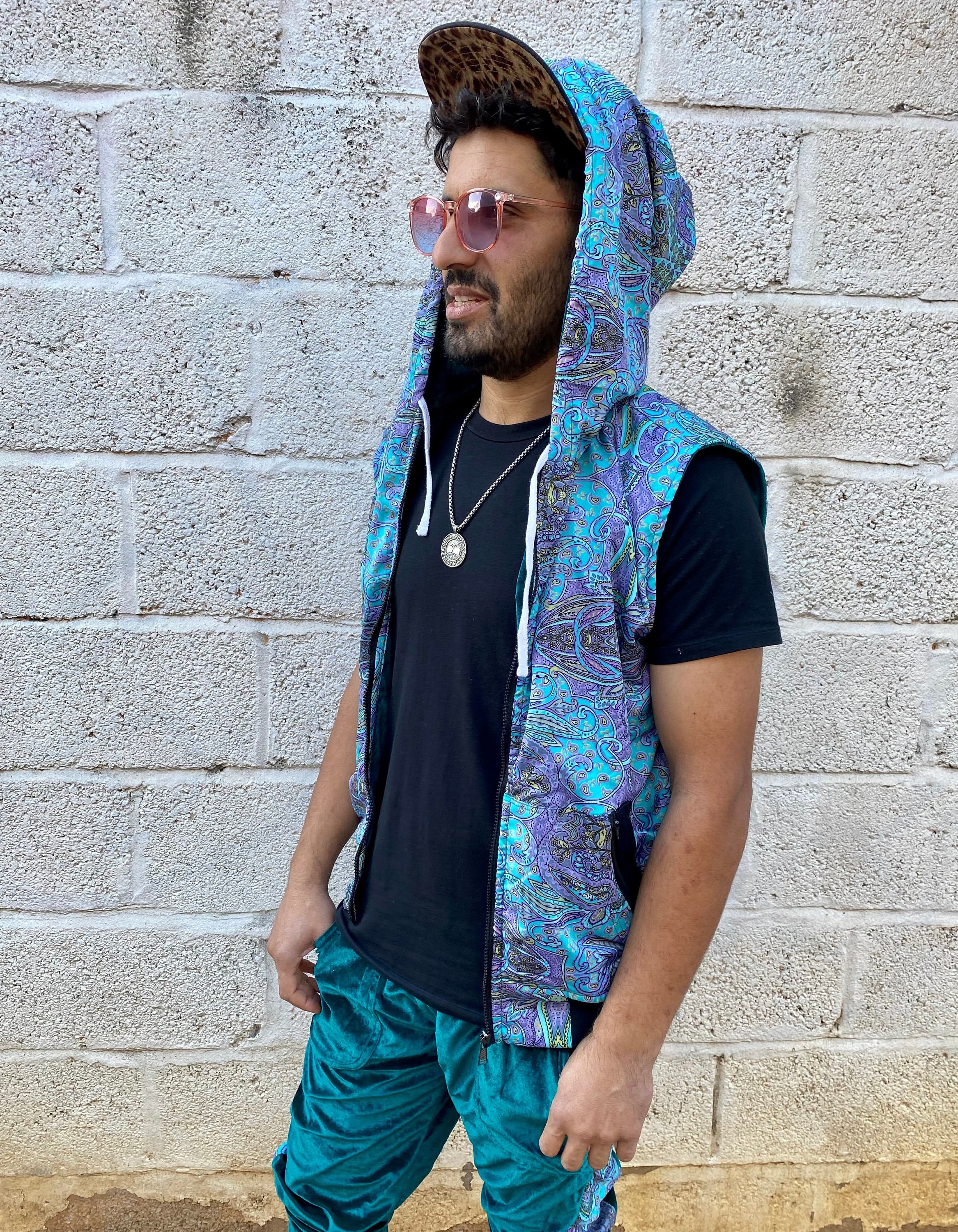Felpa con cappuccio reversibile in velluto JACKFRUIT - Turchese - Gilet boho anni '80 di Fresh Prince, giacca da festival azteca kawaii, abbigliamento