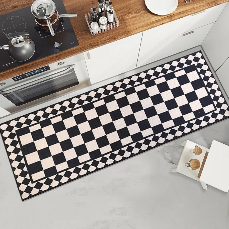 Modern Geometric Black White Checkered Kitchen Mat Living Room Bathroom Balcony Hallway Non-slip Floormat Home Entrance Door Mat