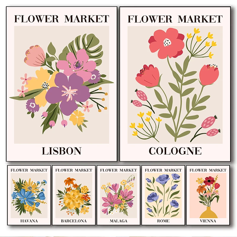 Einfachheit Boho-Stil abstrakte Stadt repräsentieren Blumenmarkt moderne Ausstellung Poster Leinwand Malerei Wand Kunst Bild Home De Image