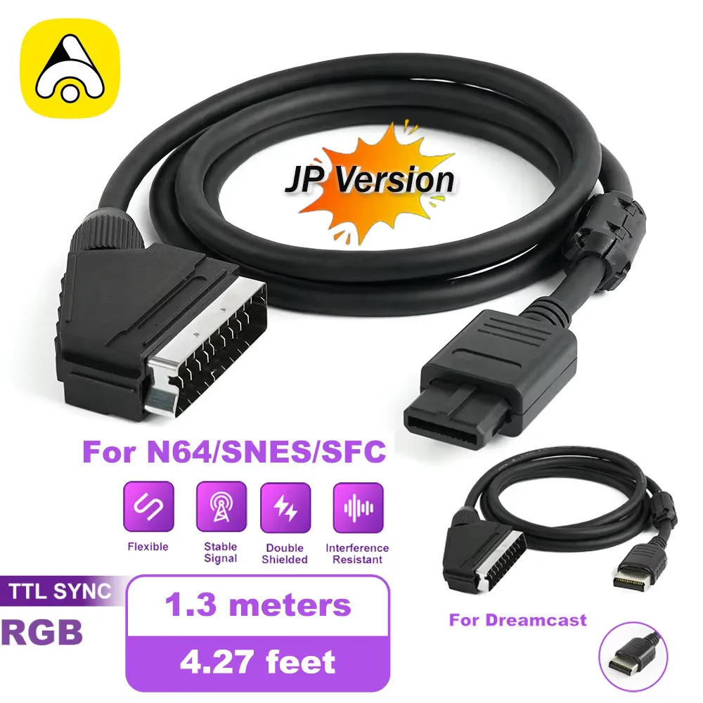 Hochwertiges TTL SYNC RGB-J SCART-Kabel für N64/SNES/SFC/Dreamcast-Konsole, Audio- und Videokabel auf Scart 1,3 m RGB-21-Kabel Image