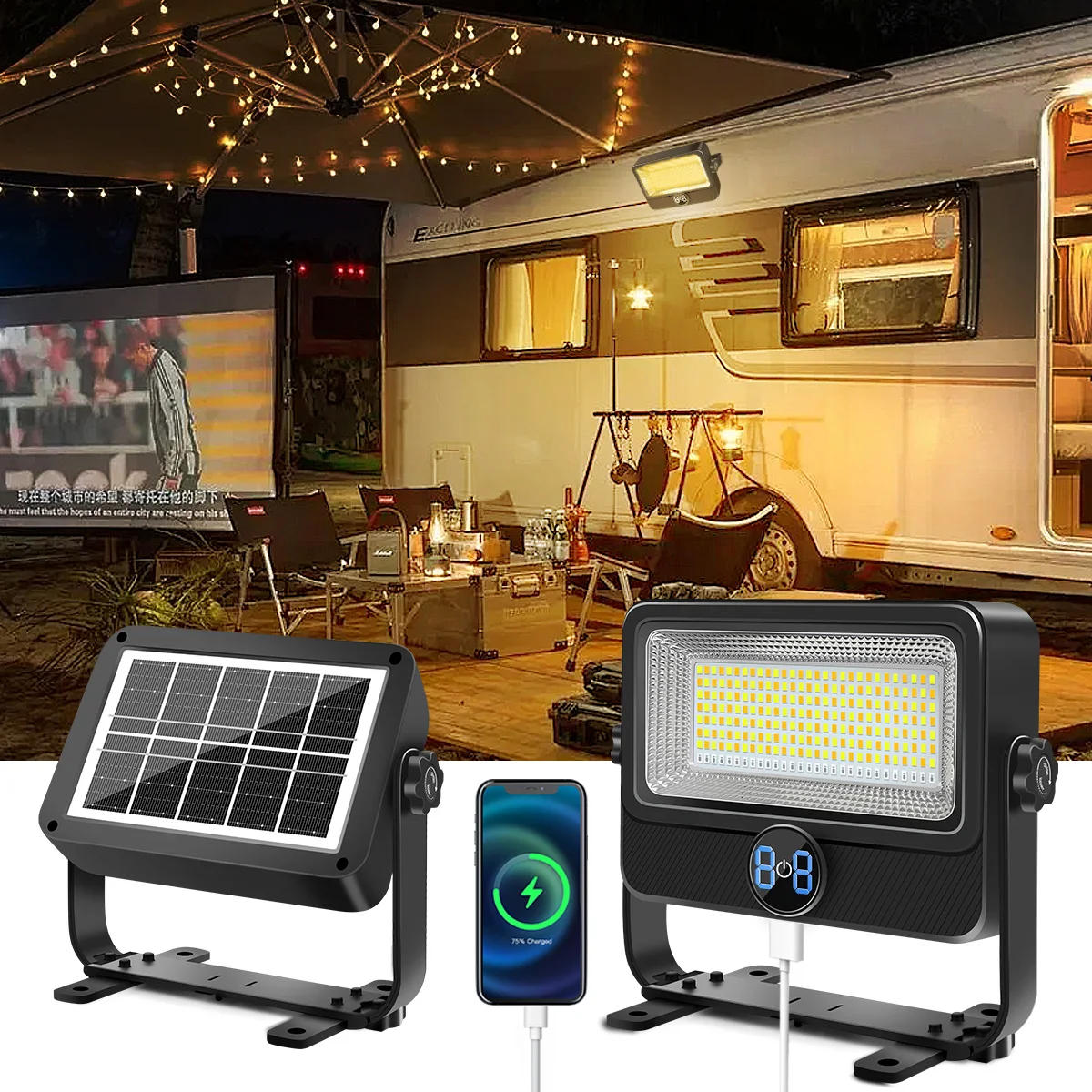 LED-Solar-Arbeitsleuchte, 10.000 lm, wiederaufladbarer Flutlicht-Arbeitsleuchte mit 4 Modi, IP65, wasserdicht, tragbar, Außenleuchte für Camping