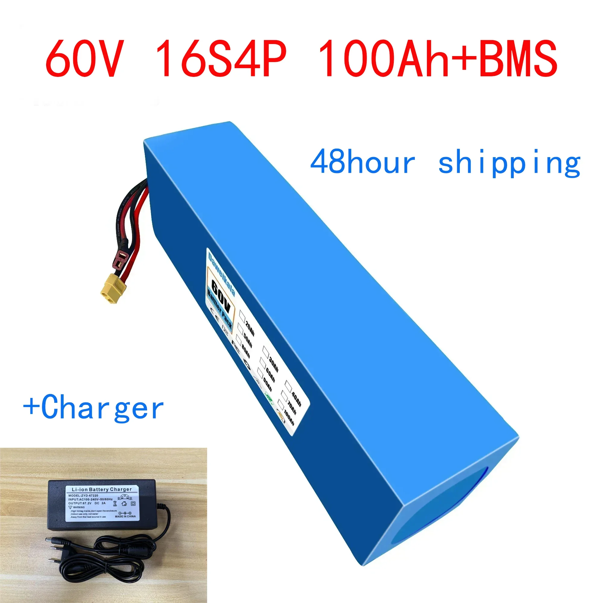 60V 16s4p 100Ah Lithium-Ionen-Akku 100000mAh 2000W elektrischer Akku, eingebautes 30A BMS+Ladegerät Image