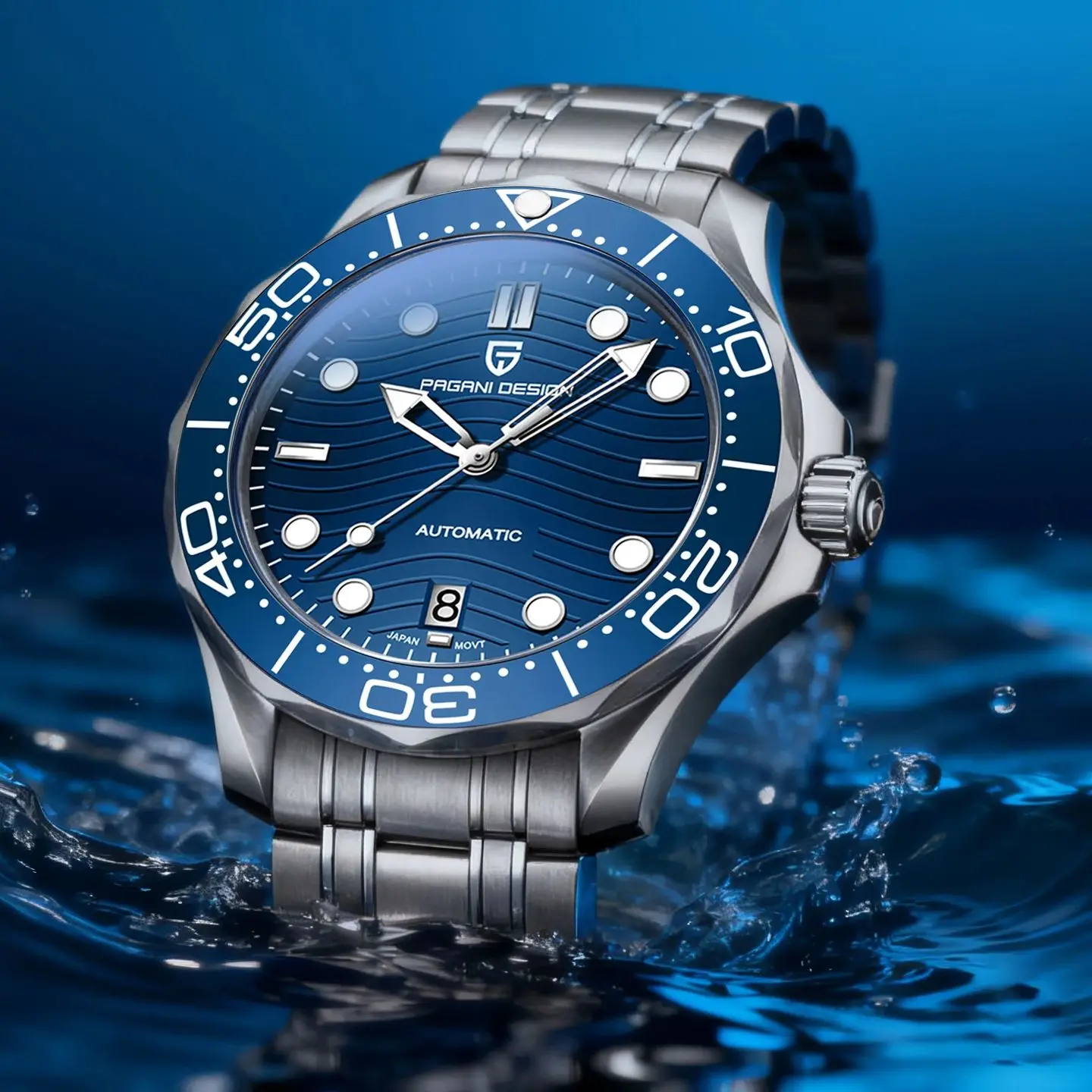PAGANI DESIGN Blaue Wellen Zifferblatt Herren Taucheruhren Top Luxus Automatikuhr für Männer 316L Edelstahl Mechanische Uhr Männer Image
