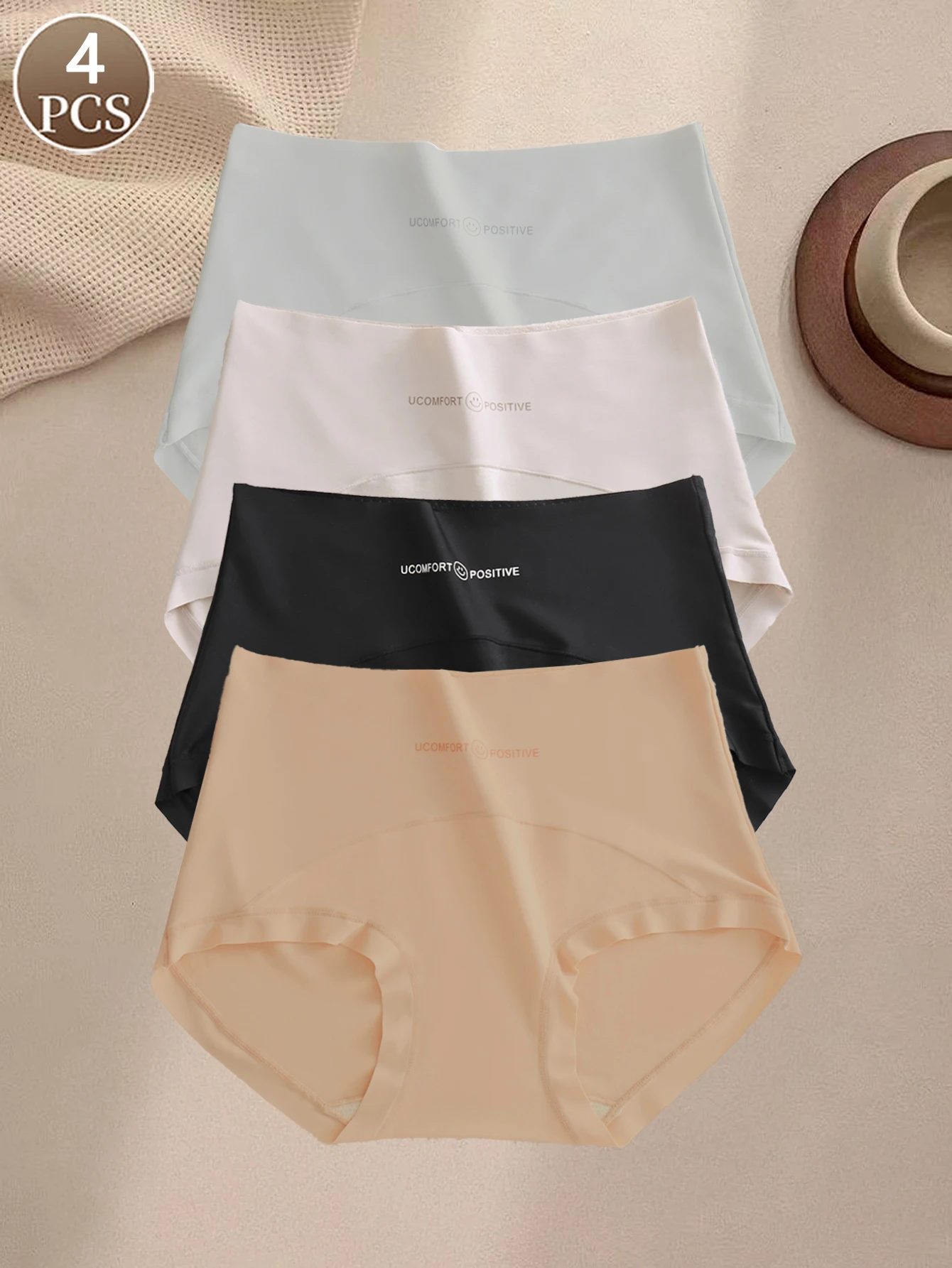 4PCS Damenhöschen, einfarbig, süßer Briefdruck, mittlere Taille, weiche und bequeme Unterwäsche, lässige und sportliche Damen-Slips Image