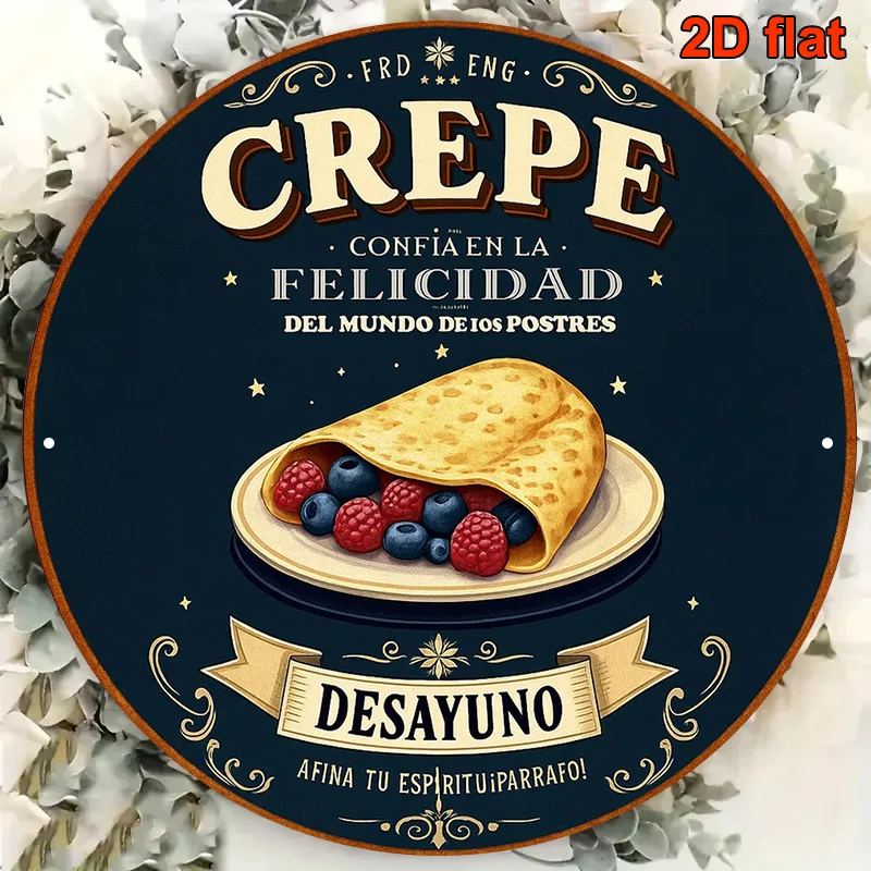 2D flach, 1 Stück spanisches Vintage-Metallschild mit Kreppmotiv – 20,3 cm großes rundes Krepp-Hausschild mit spanischen Krepp-Rezeptsätzen, Churro