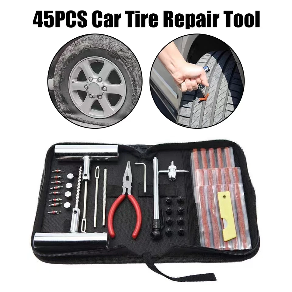 Kit Riparazione Pneumatici 45 Pezzi, Set Attrezzi per Riparazione Forature Moto e Auto, Kit Riparazione Gomme Auto e Moto