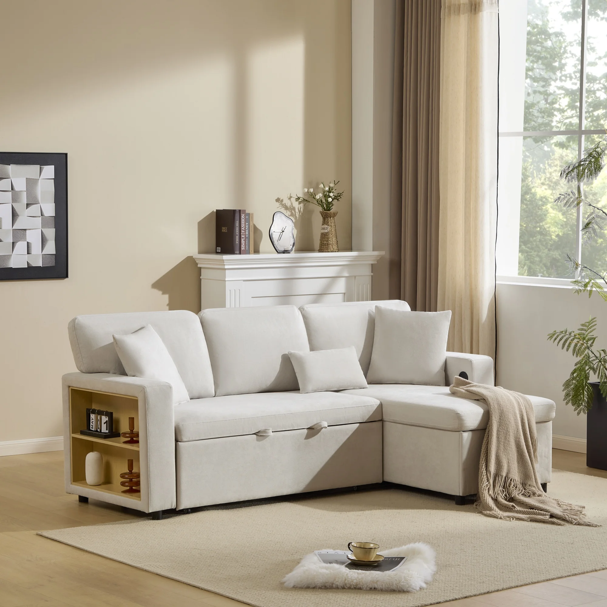 Schlafsofa,L-Form Sofa, Relaxsofa mit Bettfunktion, Bettkasten und integriertem Regal,