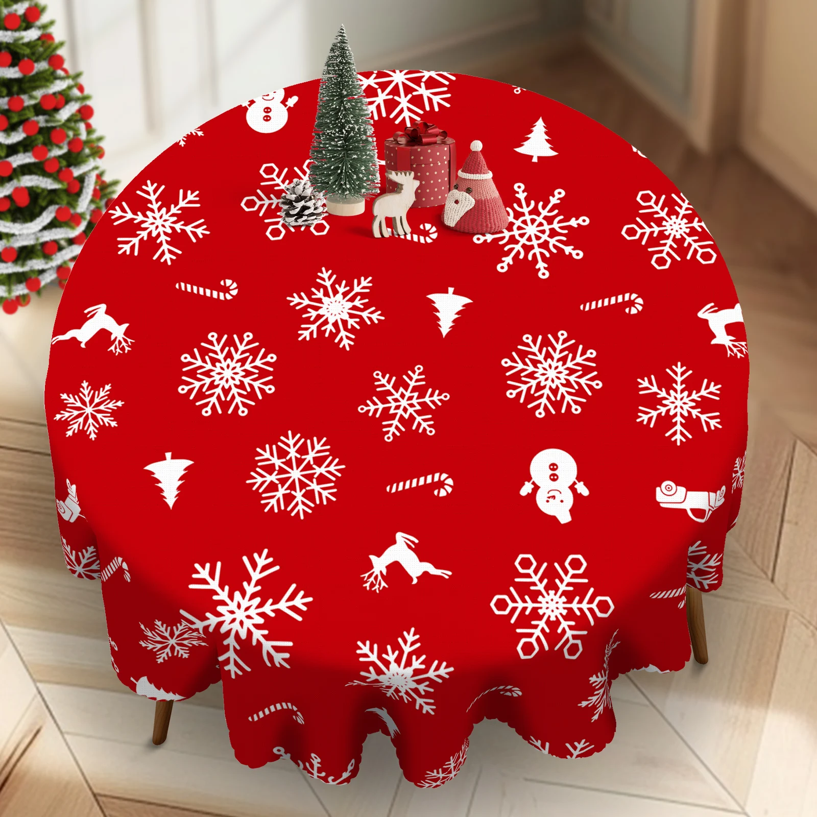1-teilige runde und rechteckige Weihnachtstischdecke, verschiedene Größen, weihnachtliche Schneeflocke, exquisite Dekorationen, rote Tischdecke, Weihnachts-Innenhof-Tischdecke, Dekoration, geeignet Image