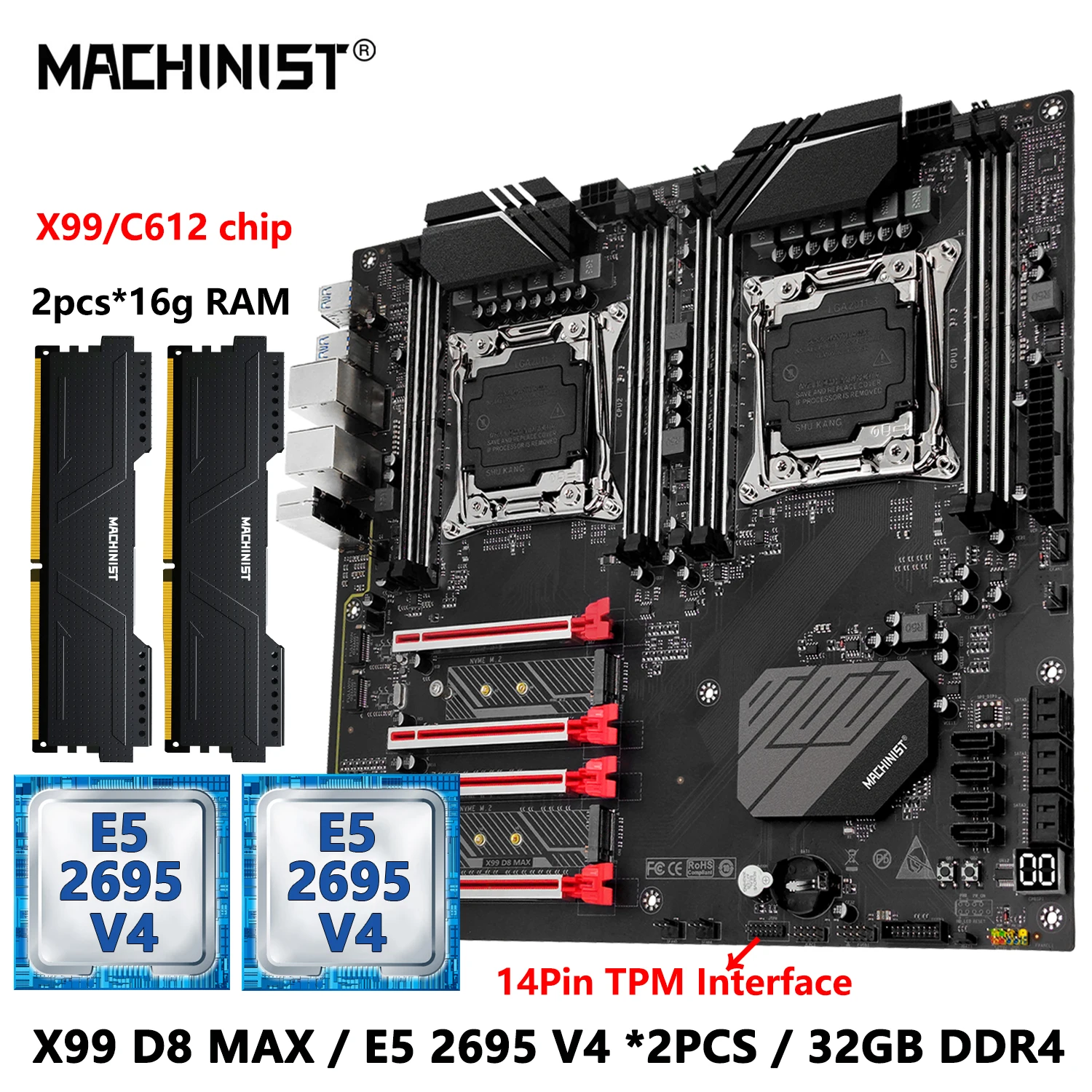 MACHINIST X99 D8 MAX Dual-CPU-Mainboard-Kombination Optional mit Xeon E5 2695 V4 LGA 2011-3 CPU *2 und DDR4 32GB (4*8GB) RAM TPM2.0 Image