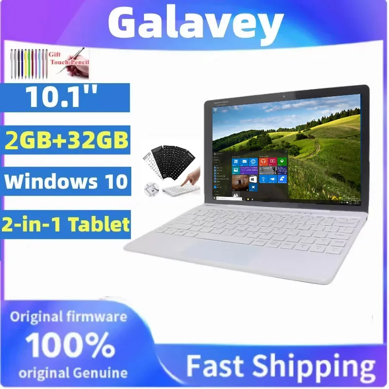 Tragbares 10,1-Zoll-2-in-1-Laptop, 2 GB DDR RAM, 32 GB ROM, 64 Bit, Windows 10 Z8350 Quad-Core-Tablet mit abnehmbarer Tastatur, 1280 x 800 IPS Image