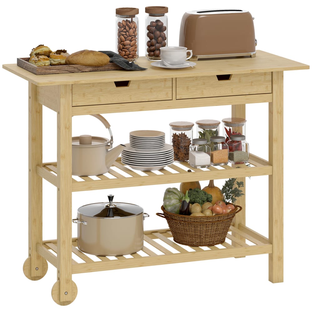 Desserte cuisine à roulettes 2 tiroirs 2 étagères bambou bois naturel