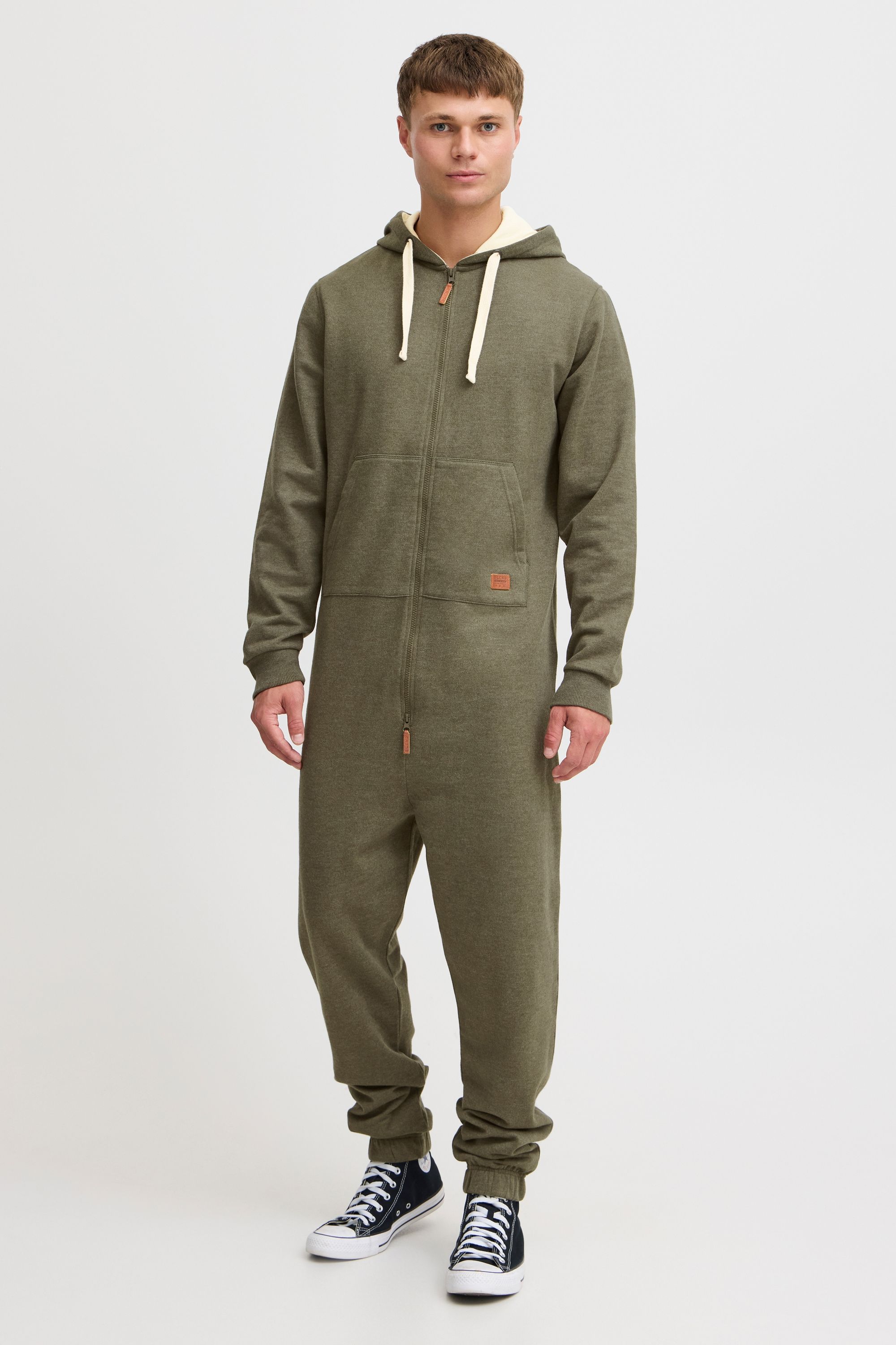 Overall BLEND "BHSalinho", Herren, Gr. L, US-Größen, ivy grün, Sweatware, 60% Baumwolle, 40% Polyester, unifarben, regular fit lang, ohne Ausschnitt, Overalls Overall, Overall mit Fleece-Kapuze