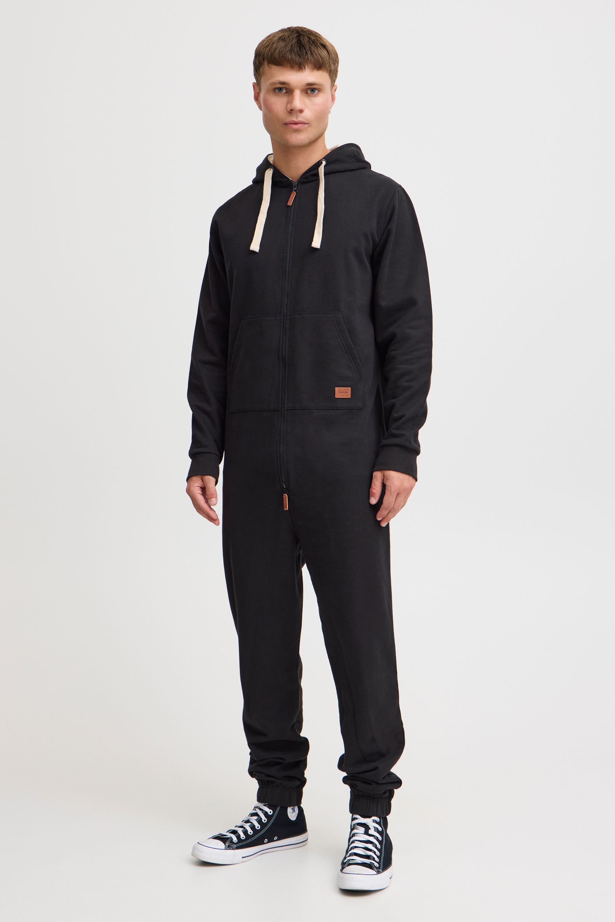 Overall BLEND "BHSalinho", Herren, Gr. M, US-Größen, schwarz, Sweatware, 60% Baumwolle, 40% Polyester, unifarben, regular fit lang, ohne Ausschnitt, Overalls Overall, Overall mit Fleece-Kapuze