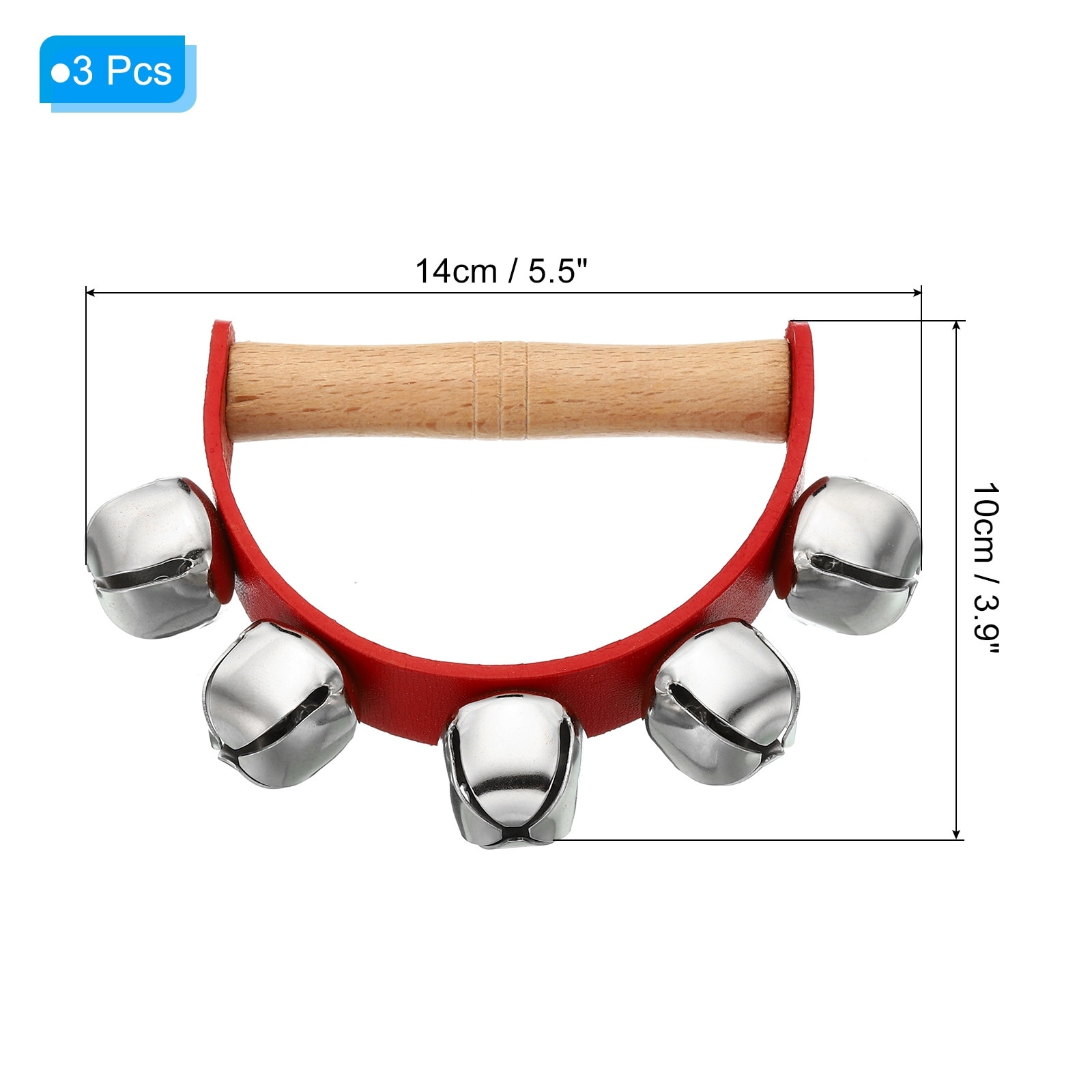 Jingle Bells, Hand Bell Handheld Wrist Bells Wooden Hand Percussion Instruments Musical with 5 Bells - Red
